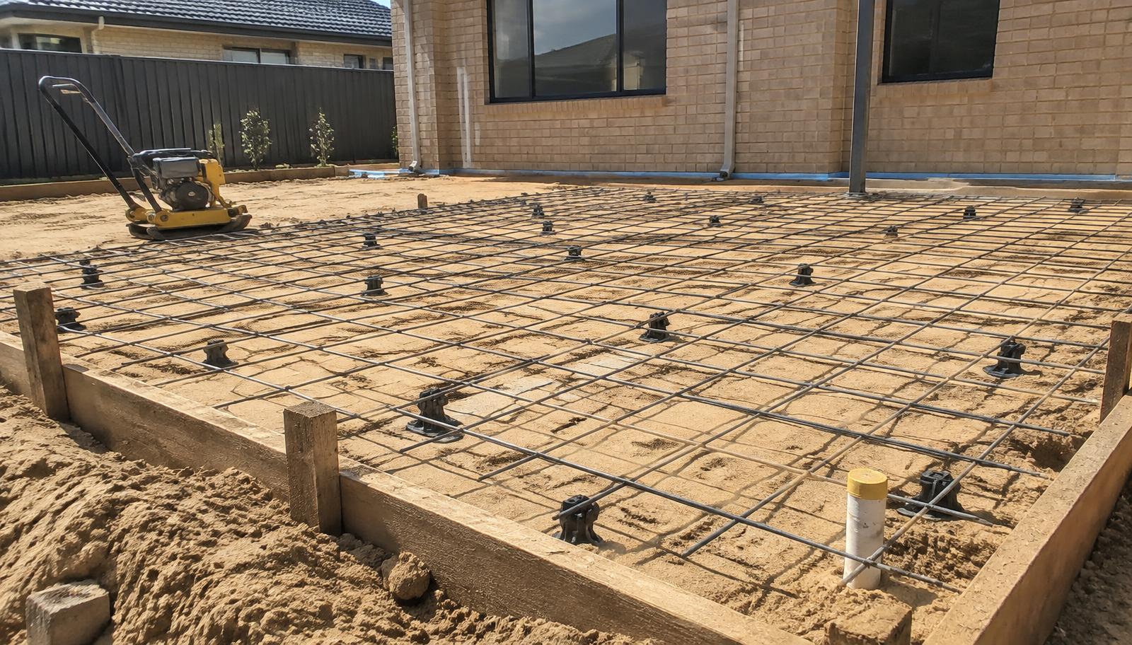 Compacted sandy base, formwork and steel mesh on chairs ready for an exposed aggregate pour in Baldivis