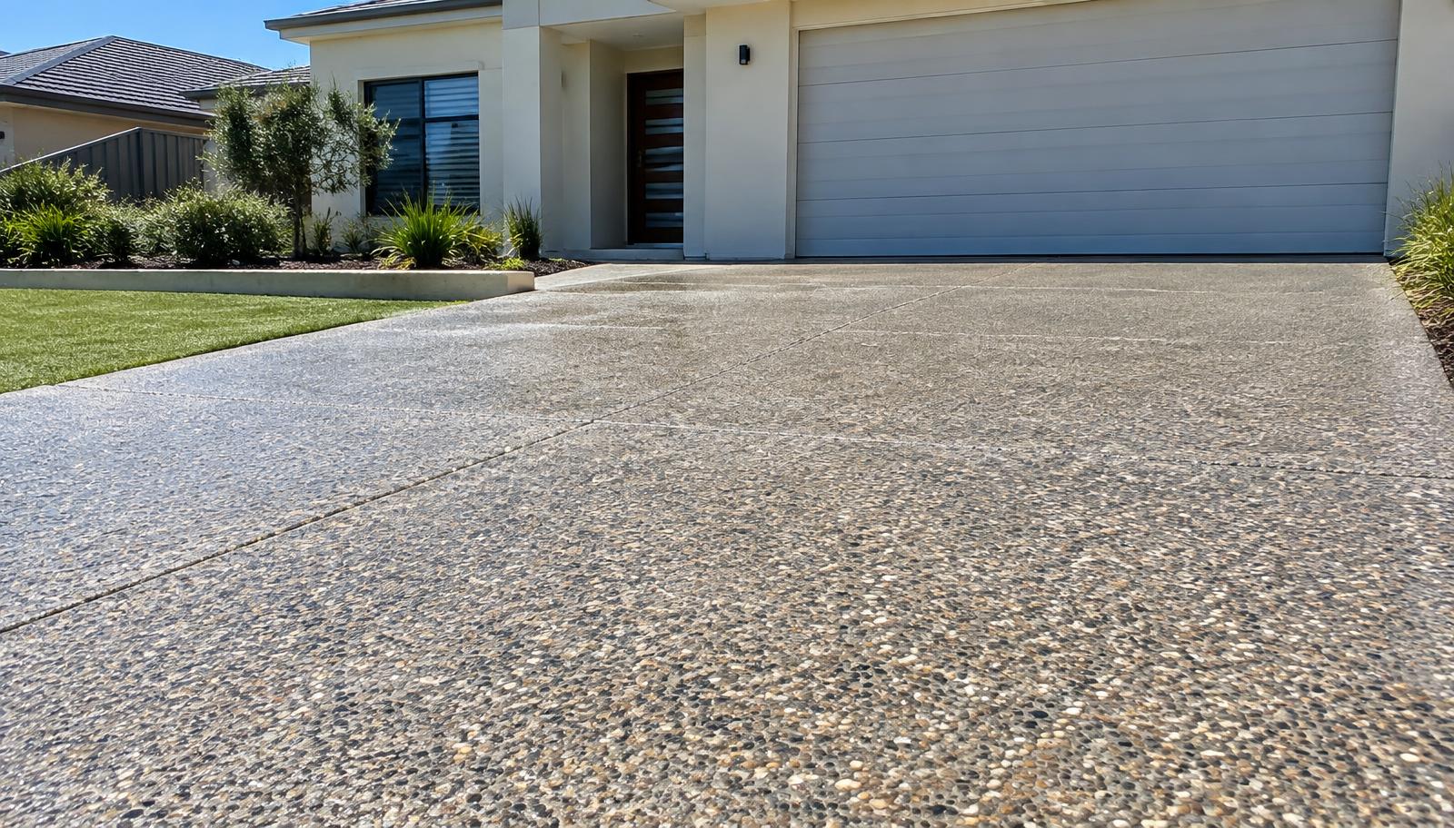 Sealed exposed aggregate concrete driveway at a Baldivis home