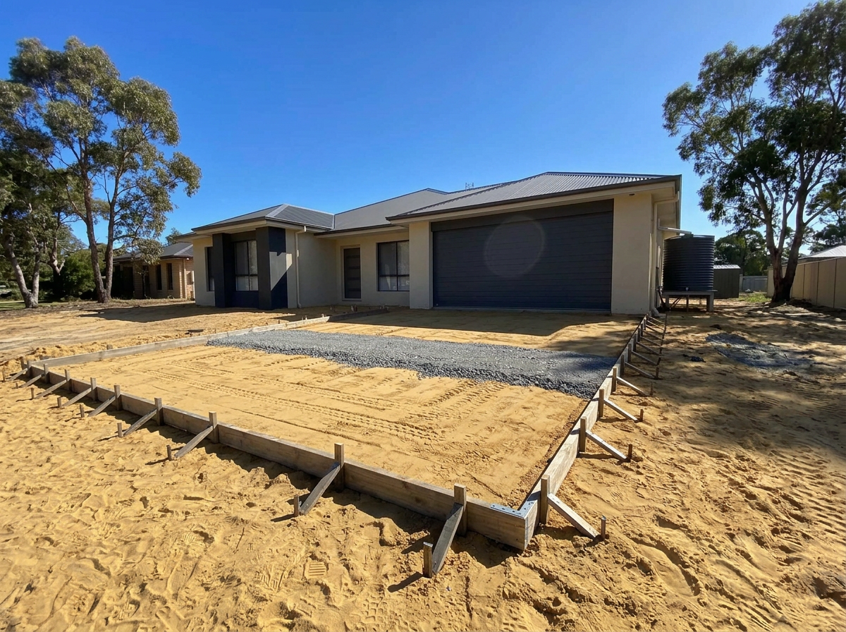 Prepared driveway base with compacted sand, crushed road base and braced timber formwork ready for a concrete pour in Baldivis