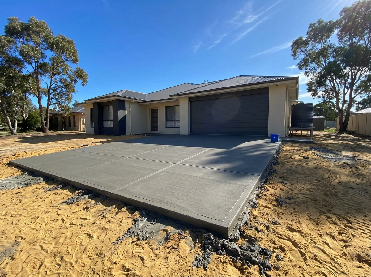 Freshly poured concrete driveway slab with saw-cut control joints on a Baldivis block before landscaping