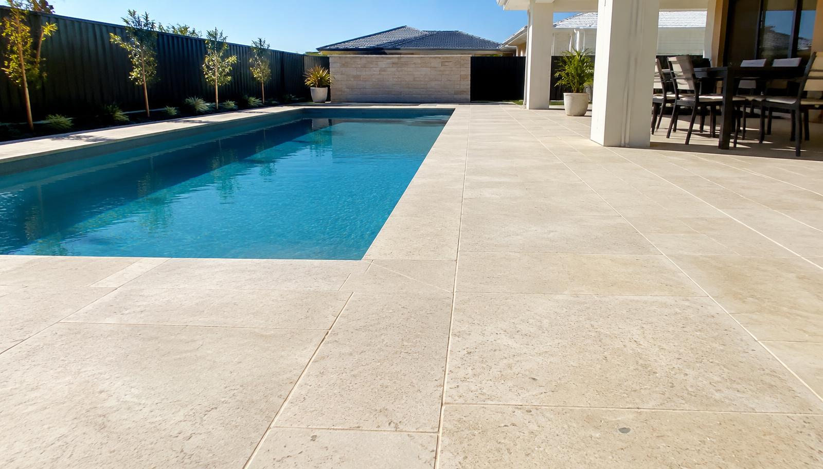 Sealed liquid limestone pool surround and alfresco at a Baldivis home
