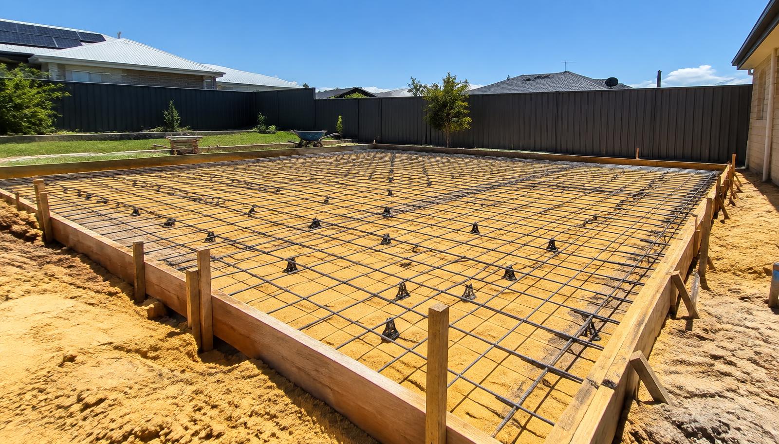 Shed pad base prep with compacted sand, timber formwork and steel mesh in Baldivis